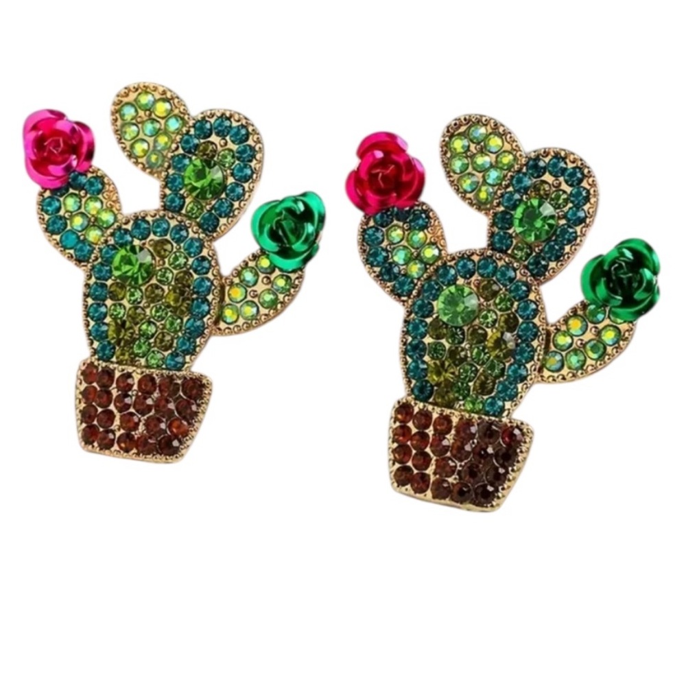Green Cactus Rhinestone Earrings